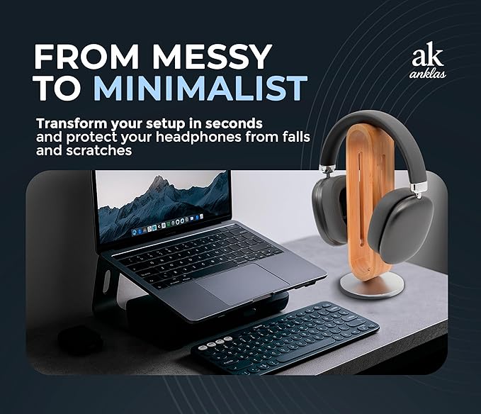 Headphone Stand for Desk – Premium & Minimalist Headset Holder with Round or Oval Base for Gaming, Office & Home (Bamboo, Oval)