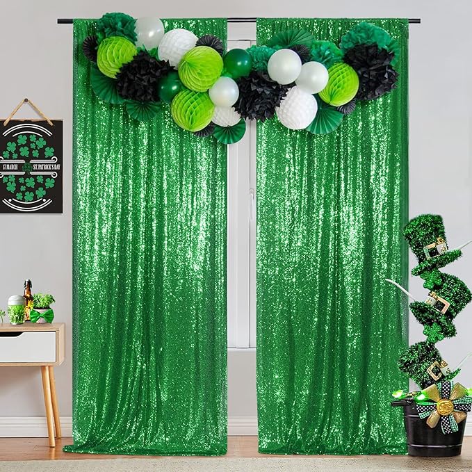 SquarePie Sequin Backdrop 2FTx8FT Green 2pcs Curtain Background for Wedding Party Christmas Decoration