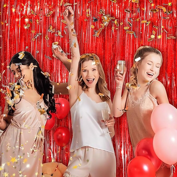Red Metallic Tinsel Foil Fringe Curtains, 4 Pack 3.3x8.3 Feet Streamer Backdrop Curtains for Birthday Party Decorations, Halloween Decor, Foil Curtain Backdrop for Bachelorette Party