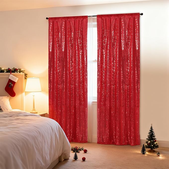 SquarePie Sequin Backdrop Curtain Non-Transparent Sparkly Background for Christmas Wedding Party 2FT x 8FT Red 2 Panel