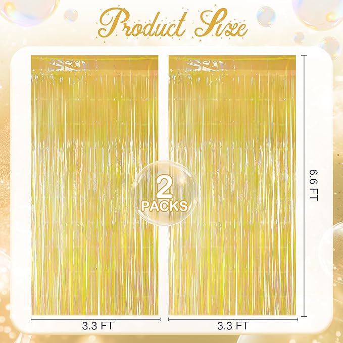 2 Pack Yellow Iridescent Streamers Backdrop, 3.3x6.6ft Foil Fringe Curtains Gold Holographic Door Tinsel Streamers for Birthday, Wedding, Holiday, Bachelorette, Theme Party Decorations