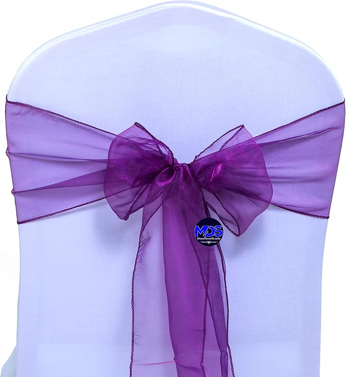 MDS Pack of 50 PCS Organza Chair Sashes Wider Dining Chair Bows Ribbon Tie Back for Wedding Party Birthday Bridal Shower Reception Event Banquet Home Chair Cover Decoration - Dark Purple