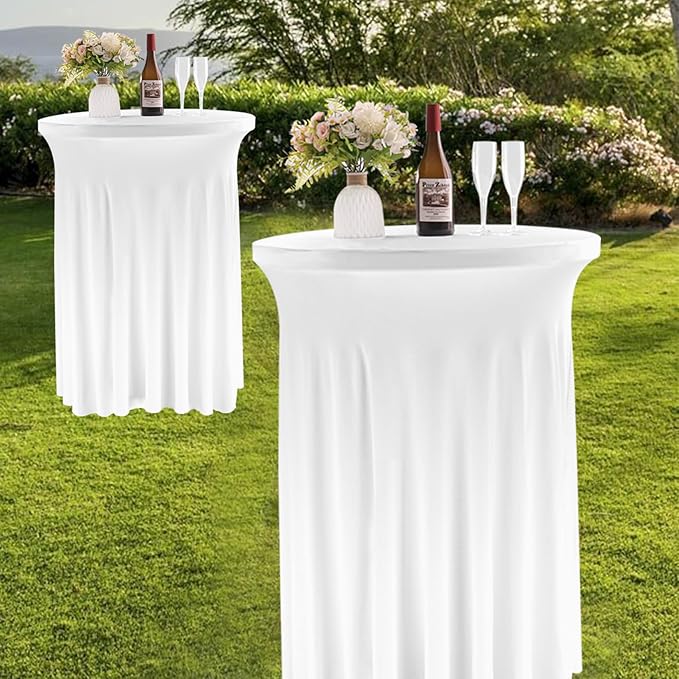 6 Pack Round Cocktail Tablecloth 32"x 43" Spandex Cocktail Table Skirt, Washable Stretch Fitted Table Covers for High Top Bar,Wedding,Party,Events (White)