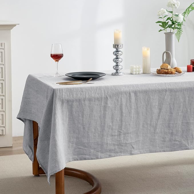 EVERLY 100% Pure Linen Rectangle Tablecloths 60x84Inches for Dining,Buffet Parties,Picnic,Events,Weddings and Restaurants,Decorative Halloween,Thanksgiving Machine Washable Tablecloths-Light Grey
