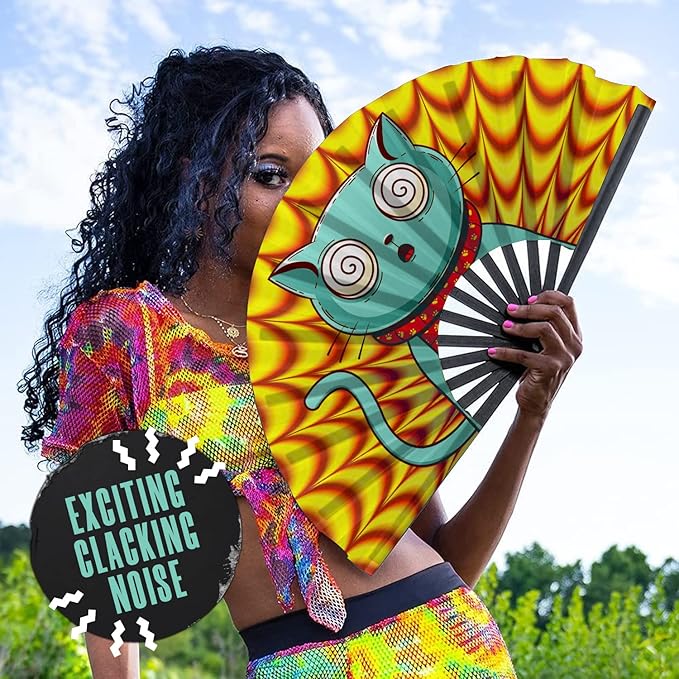 GloFX Folding Fan - Trippy Kitty - Large Rave Clack Folding Hand Fan for Men/Women - for EDM, Music Festival, Club, Event, Party, Dance, Performance, Decoration, Gift