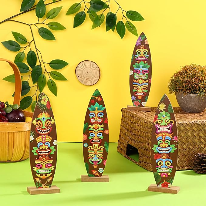 4 Pcs Surfboard Decorations for Party Welcome to Paradise Sign Tropical Bar Table Centerpieces Surfboard Beach Signs for Home Summer Theme Wood Tropical Birthday Party Decor(Tiki Style)