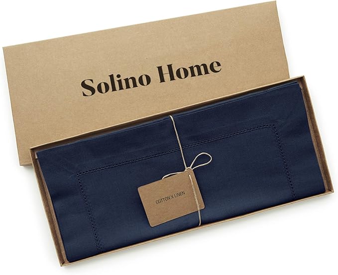 Solino Home Navy Blue Table Runner 60 Inches - Cotton Linen Hemstitch Coffee Table Runner 14 x 60 Inch Ideal for Dresser Tables - Fall, Autumn, Halloween, Thanksgiving, Christmas, Holiday