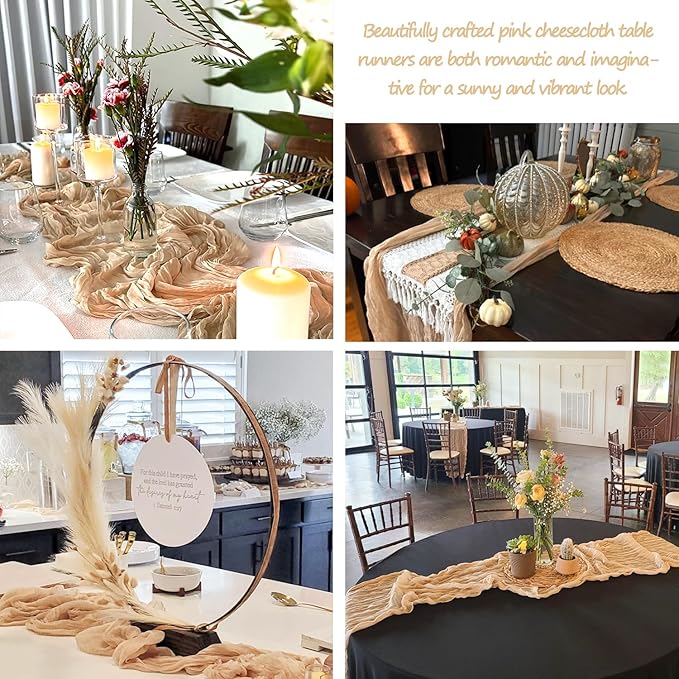 6 Pack Champagne Cheesecloth Table Runners Fall Thanksgiving Cheese Cloth Table Runner 10FT Boho Sheer Gauze Runner 35x120 Inches Long for Bridal Shower Wedding Baby Shower Party Decor