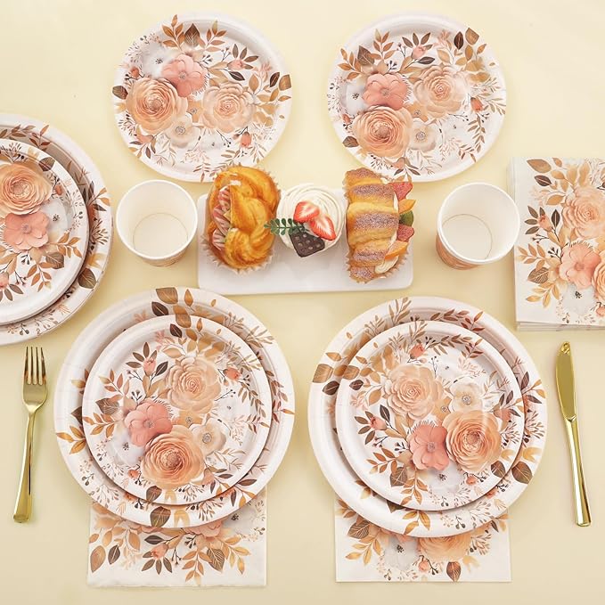 175PCS Floral Plates and Napkins Sets, Floral Party Supplies Plates, Cups, Spoons, Fork, Napkins - For Women Birthday Party Decorations