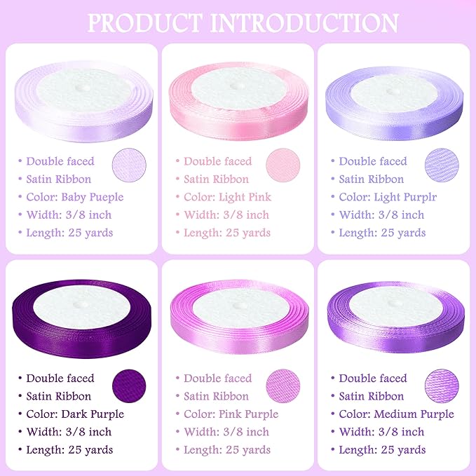 3/8" 6 Colors X 25 Yards Purple Satin Ribbon,150 Yards Assorted Colors Satin Ribbons for Flower Bouquet,Ribbons for Gift Wrapping Happy Birthday Party Decorations