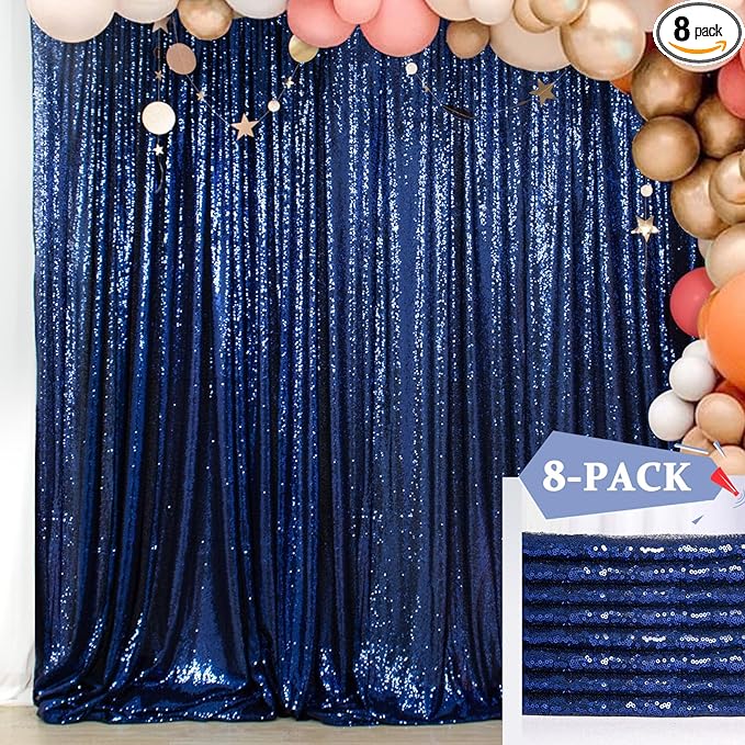 ShinyBeauty Navy Blue Backdrop 2FTx8FT Sequin Backdrops 8 Panels Photo Backgrounds Shimmer Background Sparkly Curtains 16FTx8FT for Baby Shower Party Studio Decor