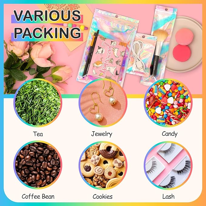 Funfery 50 Pcs Smell Proof Holographic Resealable Bags,6.3x9.4in Clear Window,Mylar Foil Baggie with Zipper,Sealing Pouch Packaging Bag for Food Storage,Candy,Party Favor Sample Business Supplies
