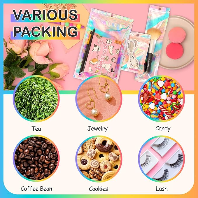Funfery 100 pcs Mylar Holographic Bags Clear Resealable Baggies,Foil Baggy with Zipper,Seal Pouch Smell Proof Packaging Bags for Food Storage,Candy,Party Favor Sample Business Supplies(5.5x7.9in)