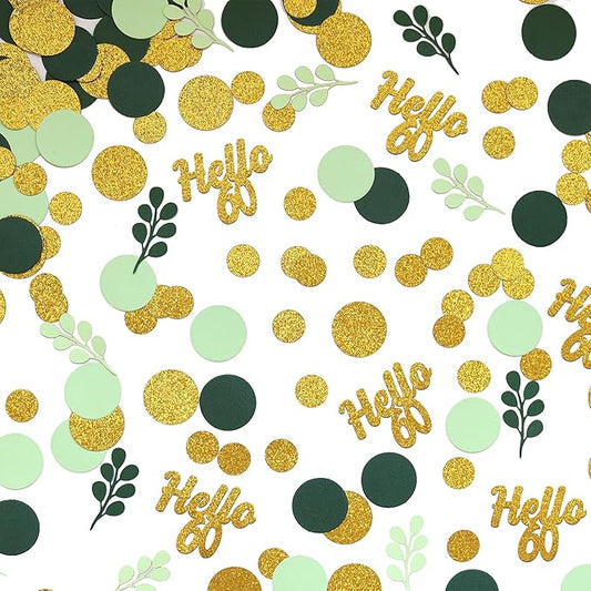 300PC Gold Glitter and Sage Green Happy 60th Birthday Decorations for Men/Woman Greenery 60th Birthday Confetti for Table Sixty Party Decor Supplies