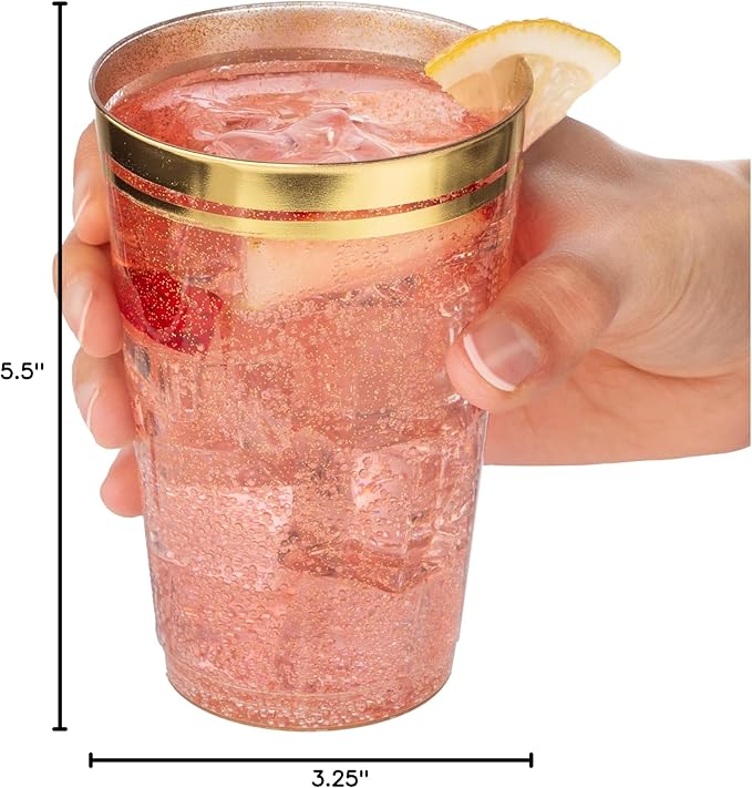 Perfect Settings 100 Premium 14oz Hard Plastic Cups Clear Glitter Gold Plastic Double Line Rimmed Cups Fancy Disposable Wedding Cups Elegant Party Cups with Twin Colored Rim (Glitter Gold Rim, 14)