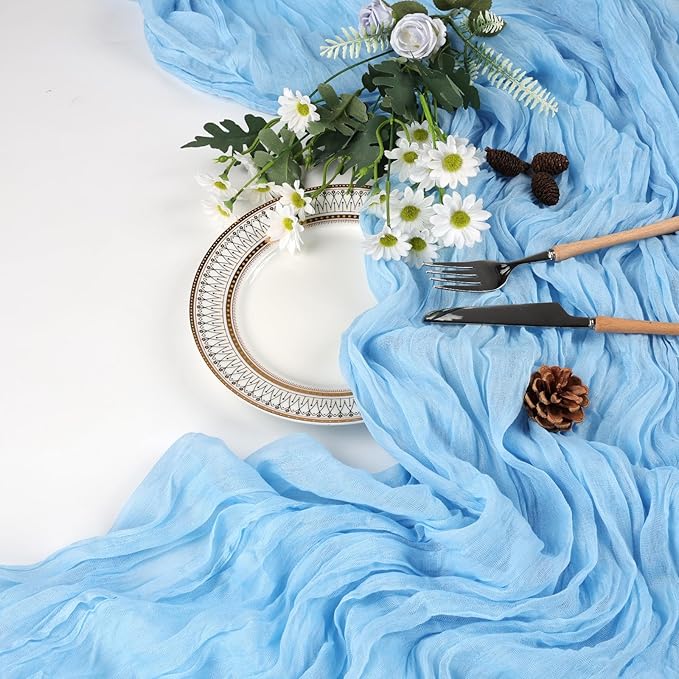 6 Pack Baby Blue Fall Table Runner 10ft Boho Gauze Fabric Cheesecloth Table Runner 35 x 120 Inch Rustic Sheer Runner for Romantic Wedding Decor Baby Shower Party Table Centerpiece Decorations