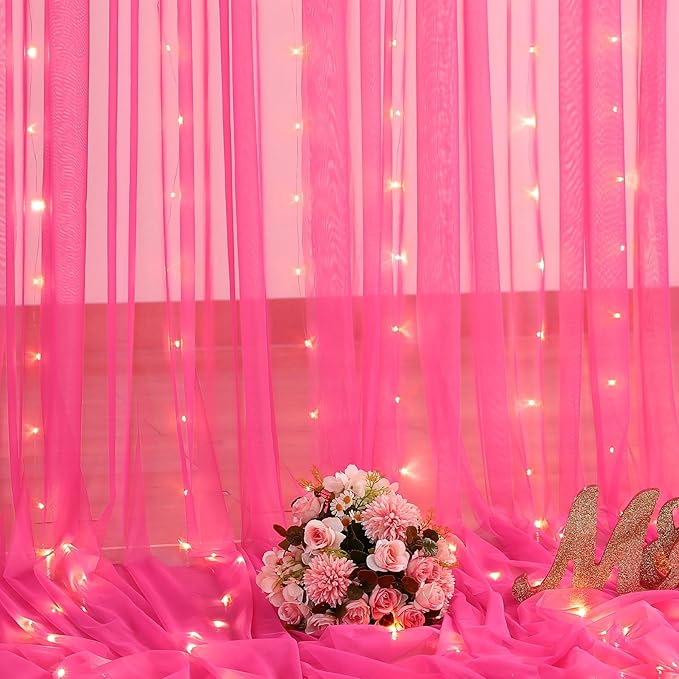 10ft x 10ft Hot Pink Tulle Photo Backdrop Curtain with Lights String for Parties Wedding Sheer Fuchsia Curtain Backdrop for Birthday Party Bridal Shower Photo Booth Photography Background Decorations