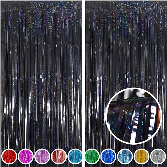 Melsan Halloween Party Decorations Tinsel Backdrop Streamers, Black Foil Fringe Curtains 3.2 ft x 8.2 ft for Halloween New Year Graduations Party Photo Booth Props Decorations, 2 Pack