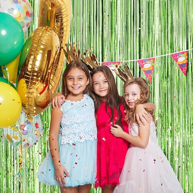 Light Green Metallic Tinsel Foil Fringe Curtains, 2 Pack 3.3x8.3 Feet Party Streamer for Birthday Party Decorations, Halloween Decor, Foil Curtain for Bachelorette Party