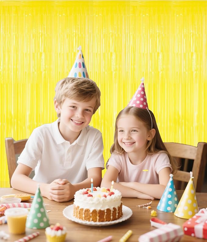 Yellow Streamers Birthday Party Decorations,2 Pack Yellow Tinsel Foil Fringe Curtains,Fringe Backdrop for Sunshine/Lemon/Summer/Hawaiian/Baseball/Back to School Party Decorations,3.3x6.6ft