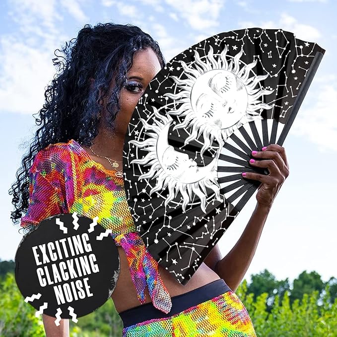 GloFX Rave Sun & Moon - Large Folding Fan - Music Festival Essential, EDM Rave Accessories, Folding Hand Fan, Clack Fan
