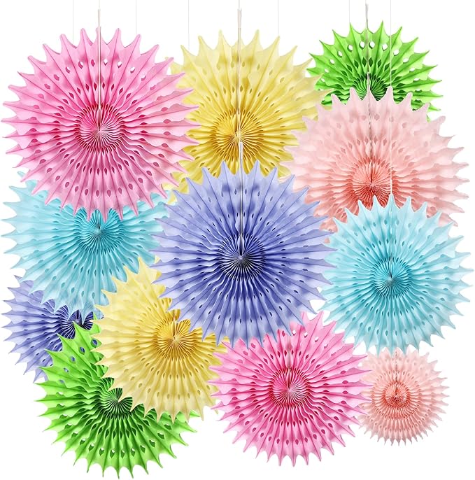 12PCS Paper Fans Pastel Rainbow Colorful Party Decorations Tissue Paper Flowers Decorations for Girl Groovy Birthday Baby Shower Wedding Bachelorette Room Wall Hanging Décor