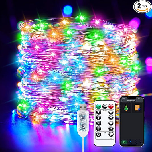 Smart Fairy Lights Plug in, 2 Pack 33FT 100LEDs USB Bluetooth Twinkle Lights with Timer and Remote, App Control Starry String Lights 8 Modes for Wedding Party Indoor Christmas Decoration, Multicolor