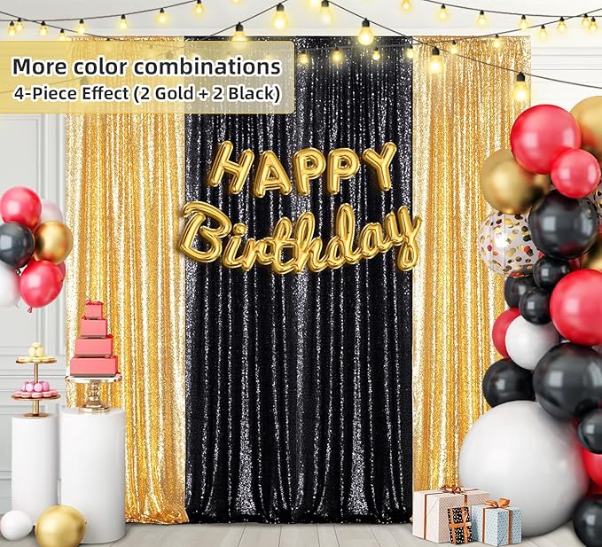 Juya Delight 2PCS 2FTx8FT Gold Sequin Curtains - Glitter Photo Backdrop for Party Birthday Wedding Wall Decoration