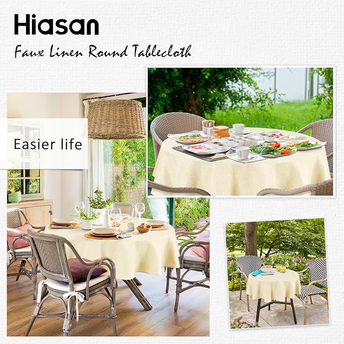 Hiasan Round Linen Tablecloth 60 Inch - Wrinkle and Stain Resistant Washable Polyester Fabric Table Cloth for Dining Room Kitchen Party, Champagne