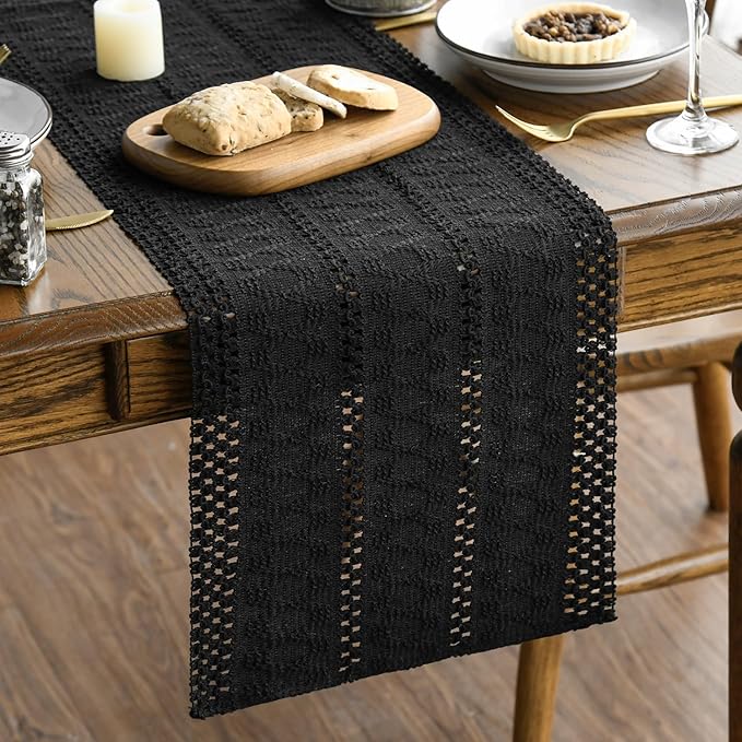 Artoid Mode Black Farmhouse Woven Rustic Hollow Table Runner, Seasonal Holiday Hollow Kitchen Dining Table Decoration for Home Party Decor 12x120 Inch