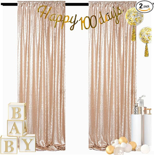 ShinyBeauty Champagne Backdrop Curtains 2 Pieces Sequin Photograph Backdrops 7FTx7FT Panels Sparkly Curtain Shimmer Fabric Background for Weddding,Prom,Birthday Backgrounds