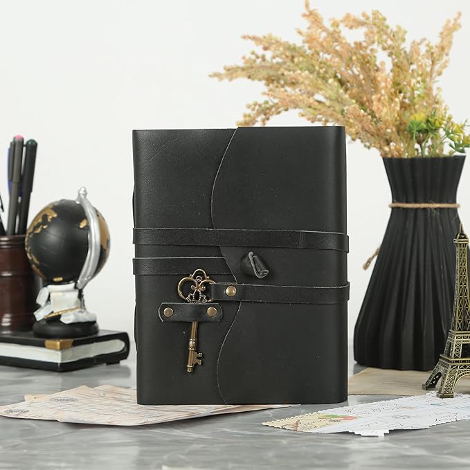 Leather Journal with Lined and Unlined Deckle Edge Paper 8x6 inch and Vintage Key | Handmade Writing Notebook Diary | Bound Daily Notepad for Men & Women Medium, Sketch/Writing pad for Artists