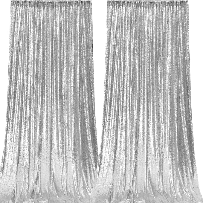 Silver Sequin Backdrop Curtains 4 Panels 2FTx8FT Wedding Photo Backdrop Glitter Birthday Bridal Party Curtains Sparkle Background Drapes Parties Decor Curtains