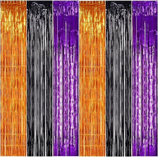 TONIFUL 2Pcs Orange Purple Black Metallic Tinsel Foil Fringe Curtains,3.28ft x 6.56ft Halloween Photo Booth Backdrop Streamer,Photo Props,for Party Door Wall Curtains Wedding Birthday(9.9ft x 6.6ft)