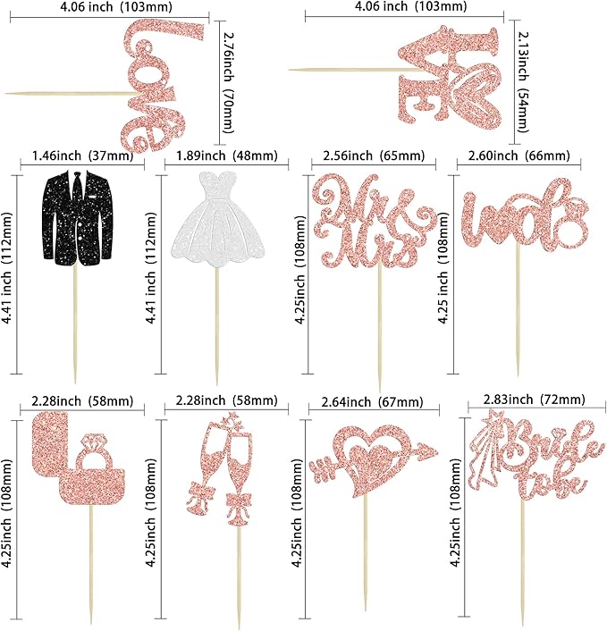 Ephlyn 30Pcs Bride to be Cupcake Toppers Glitter Wedding Cake Topper Decorations I Do Love Heart Ring Cupcake Picks for Bridal Shower Wedding Engagement Party Supplies Rose Gold