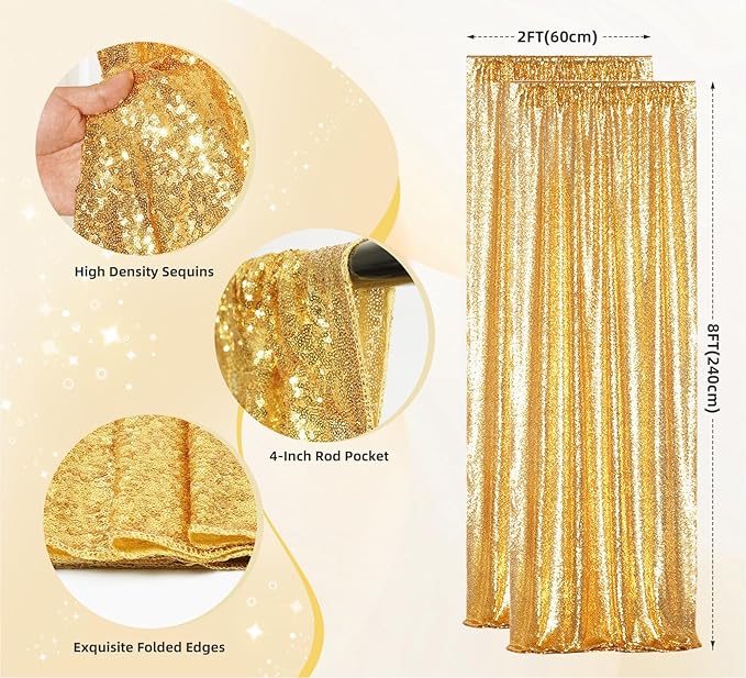Juya Delight 2PCS 2FTx8FT Gold Sequin Curtains - Glitter Photo Backdrop for Party Birthday Wedding Wall Decoration
