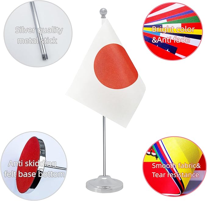 Japan Desk Flag, Japanese Table Office Flag with Metal Pole and Stand Base, International Country Flags, Festival Event Celebration, Classroom Meeting Desktop Decor (Japan)