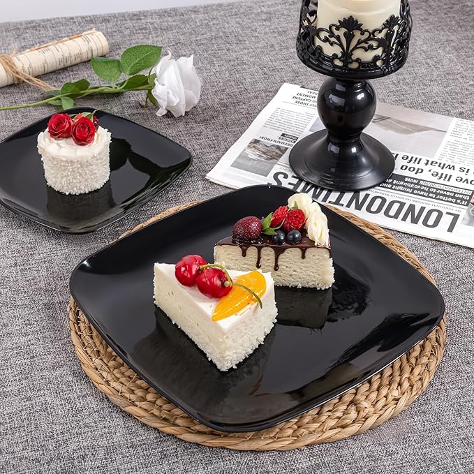 PULOTE 100 PCS Black Square Plastic Plates Disposable - Include 50 Each (10" Dinner & 7.25" Dessert) Plates - Ideal for Party & Halloween