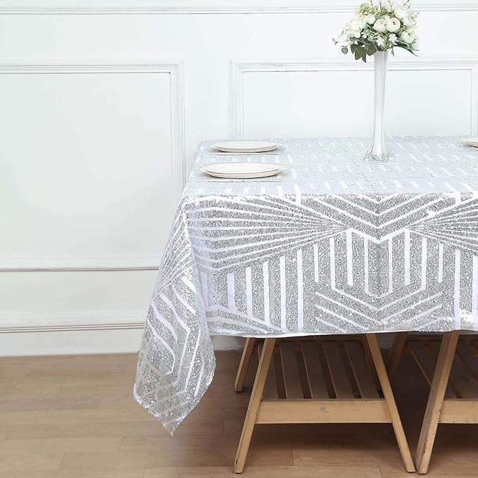 Efavormart 72" Silver Sparkly Sequin Geometric Tulle Square Table Overlay