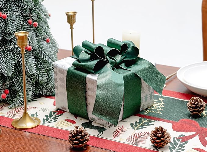 Christmas Ribbon Wired Green Satin Ribbons 2-1/2 Inch Double-Faced Gold Glitter for Tree Decoration, Wreath, Gift Wrapping, Home Decor 10 Yards