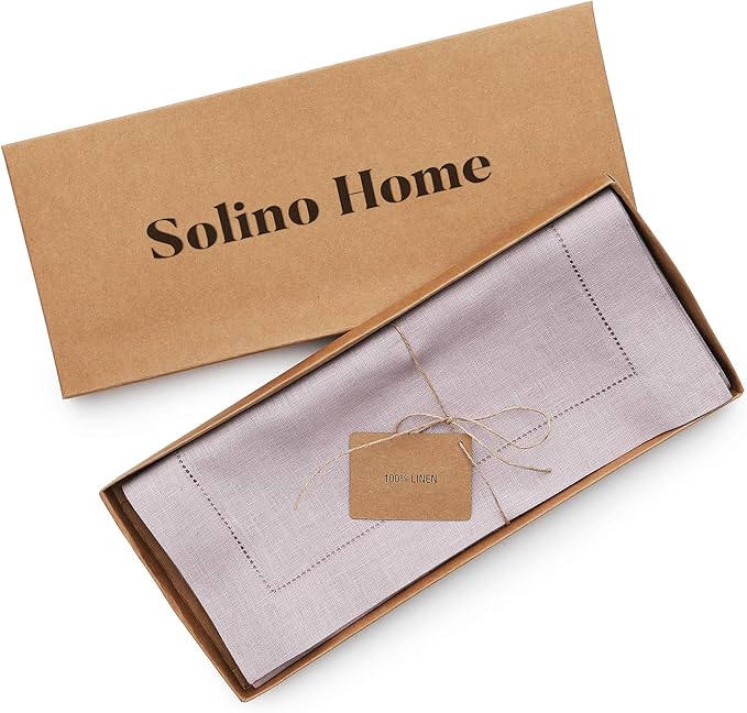 Solino Home Linen Lilac Table Runner 120 Inches Long - 100% Pure Linen Hemstitch 14 x 120 Inch Table Runner for Dining, Fall, Autumn, Thanksgiving, Christmas - Classic Hemstitch