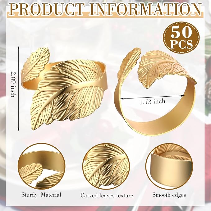 Bokon 50 Pcs Gold Napkin Rings Metal Leaf Napkin Holders Delicate Rings Bulk for Wedding Birthday Party Banquet Decoration(Willow Leaves)