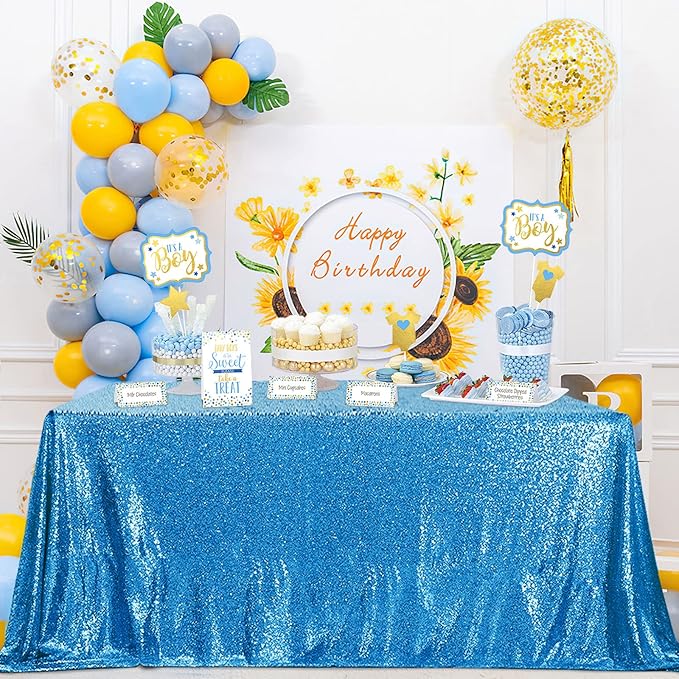 QueenDream Aqua Blue Tablecloth 90 x 132 Inch Sequin Tablecloth for Party Decorations Glitter Tablecloth for Bridal Baby Shower Wedding