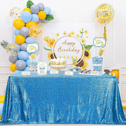 QueenDream Sparkly Sequin Tablecloth - Aqua Blue Table Cloth 50x80 Inches Rectangle Table Overlay Fabric for Birthday Parties Baby Shower Decoration