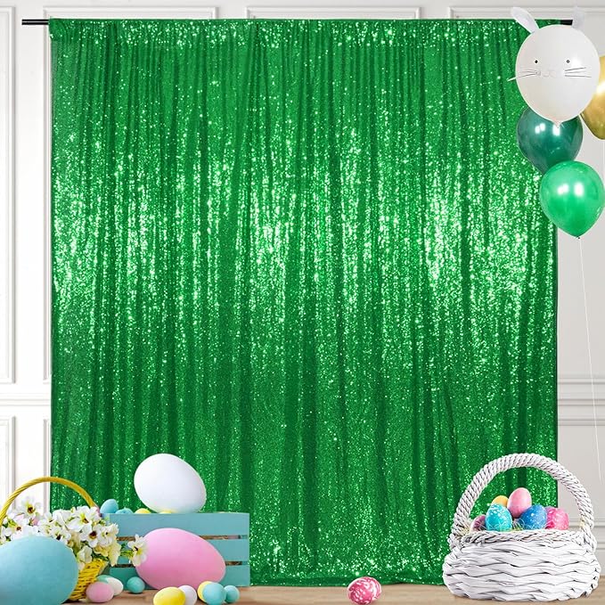 SquarePie Sequin Backdrop 8FT x 8FT Green Curtain Background for Christmas Wedding Party Decoration