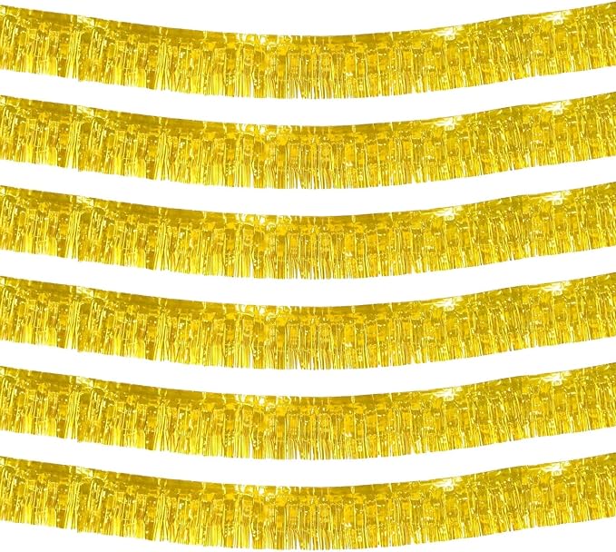 6 Pack 10 Feet Foil Fringe Garland Metallic Tinsel Streamers Banner Wall Hanging Curtain Backdrop Banner for Parade Floats, Thanksgiving, Christmas, Birthday, Halloween Party Decorations(Gold)