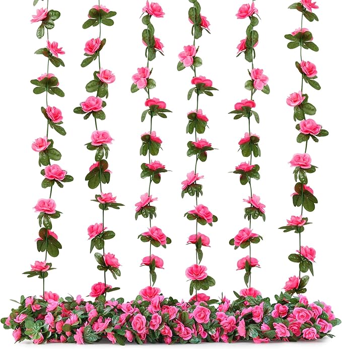 8 Pcs x 8.2 ft Flower Garland Artificial Rose Vine Flowers with Green Leaves Hanging Fake Roses Vine for Room Party Home Wedding Birthday Christmas Wall Arch Decor, Spring Magenta Flower