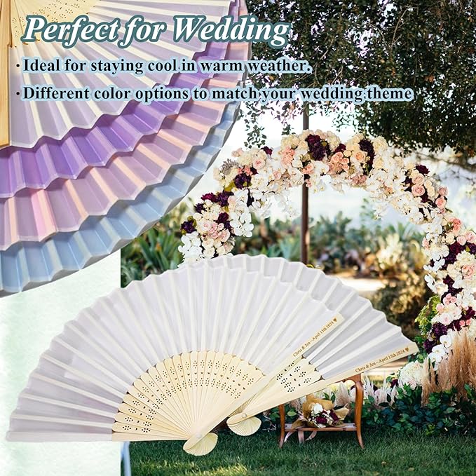Personalized 15 Pcs White/Pink/Purple Silk-Bamboo Folding Hand Fans, Custom Engraved Wedding/Baby Shower Party Favors, Elegant & Lightweight, Foldable & Reusable