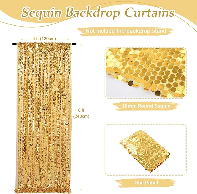 Big Payette Sequin Backdrop 4ftx8ft Gold Shimmer Backdrop Curtains Glitter Fabric Drapes for Birthday Party Baby Shower Decorations