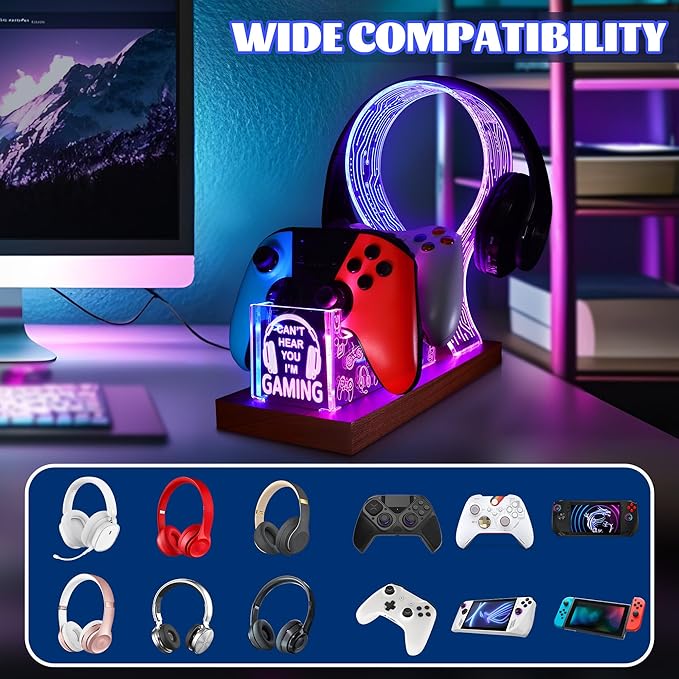 YuanDian Gamer Gifts for Teenage Boy, Can't Hear You I'm Gaming Headset and Controller Stand, Acrylic Wooden Controller Holder with Blue Pink LED Night Light, Desk Decor Gift